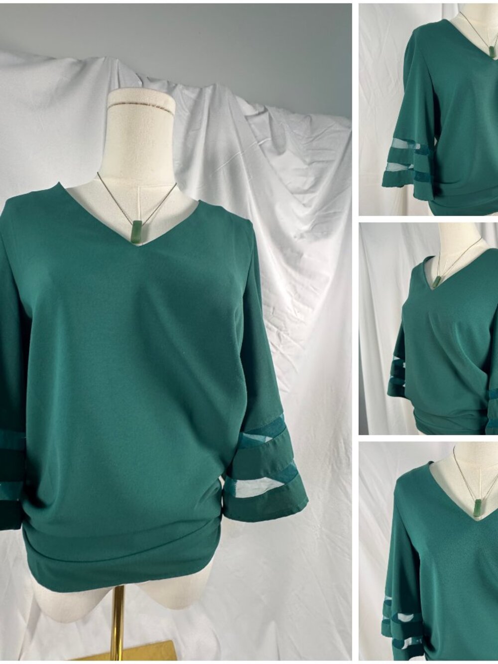 Emerald Green V-Neck Top | Sheer Cutout Bell Sleeves | Sz S | No Brand Tag